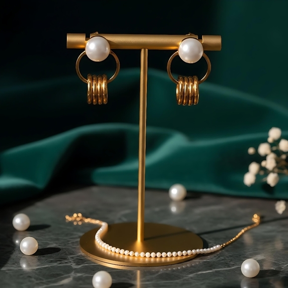 Minimalist Chic Faux Pearl Golden Hoops Earrings Dainty Everyday Jewelry - Picture 7 of 14